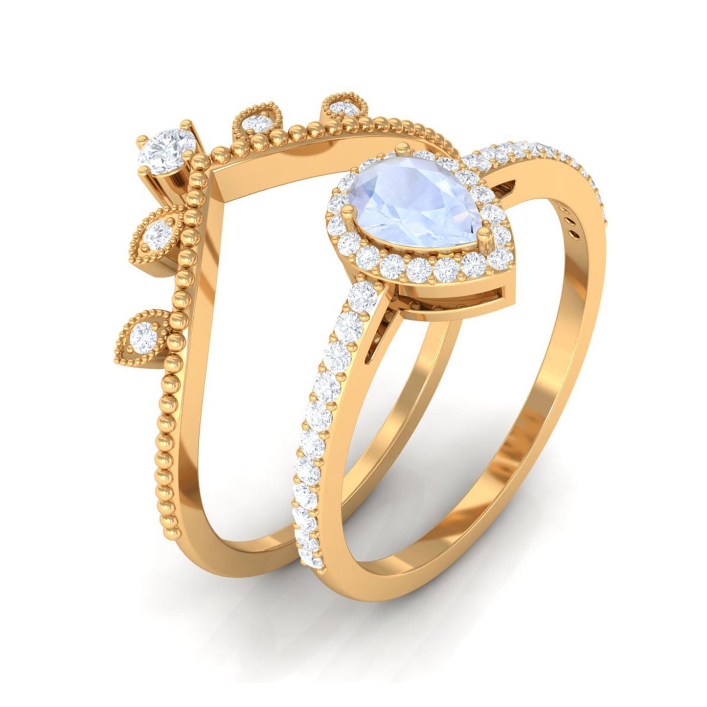 0.8 Carat Vintage Inspired Moonstone Teardrop Wedding Ring Set with Diamond