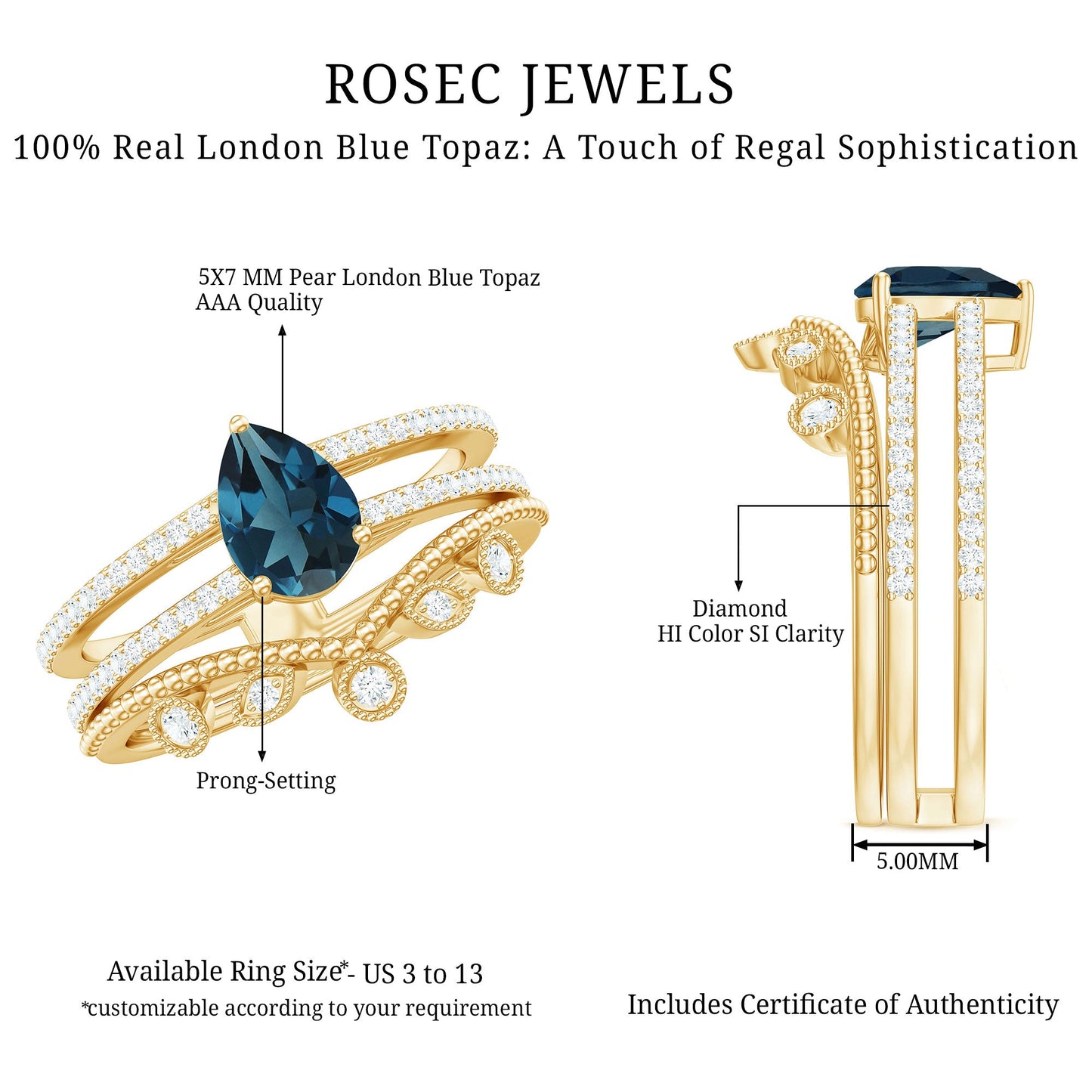 Pear London Blue Topaz Double Band Engagement Ring with Diamond Enhancer