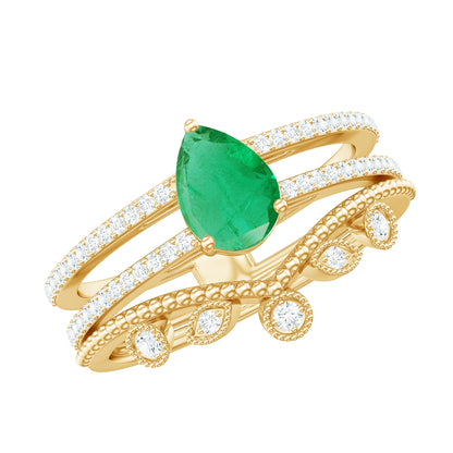 Vintage Style Emerald Diamond Wedding Bridal Ring Set