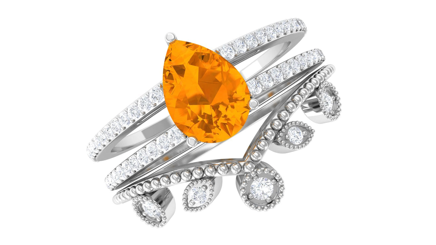 Pear Cut Fire Opal and Diamond Vintage Engagement Ring with Wedding Band Set