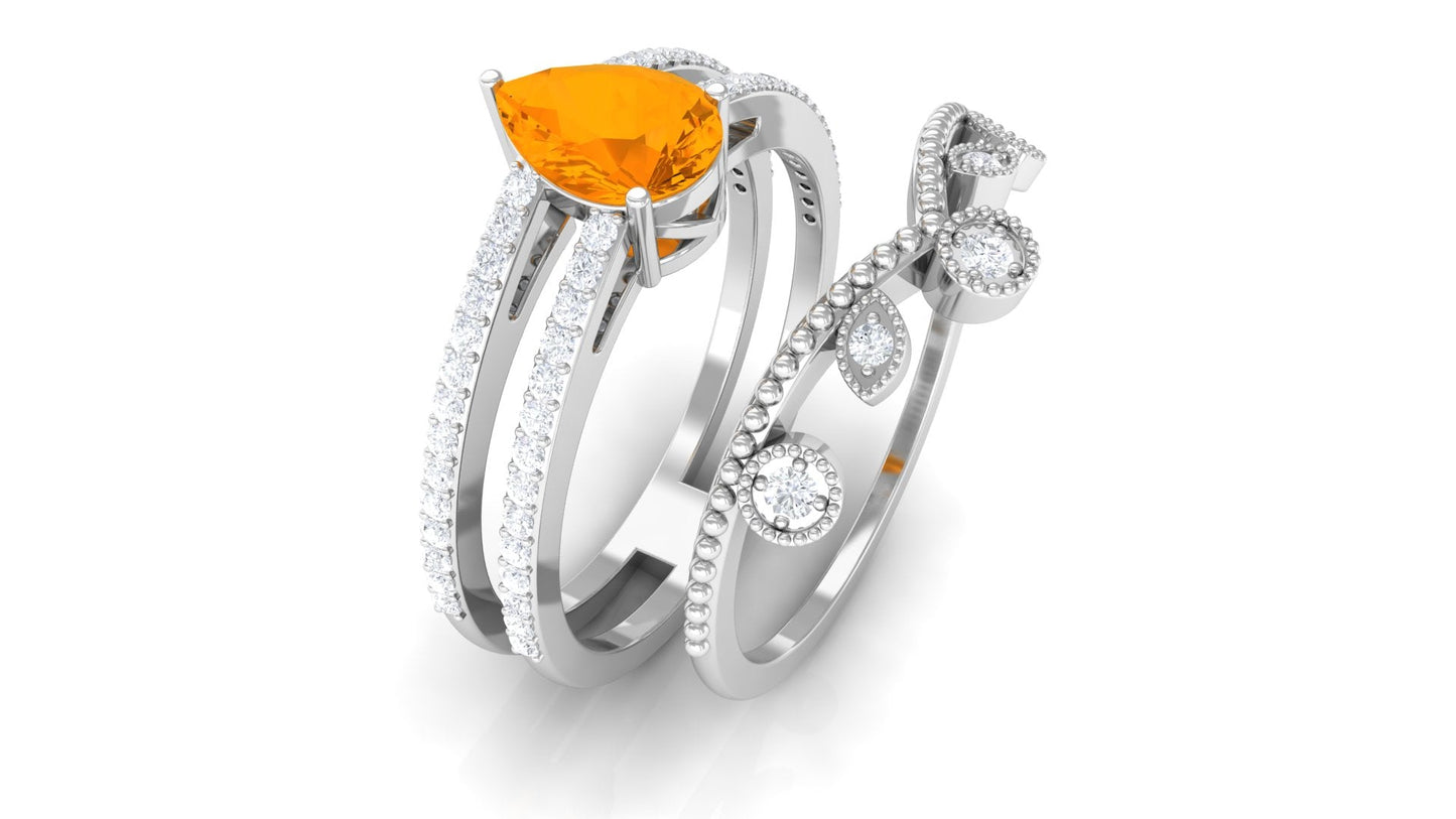 Pear Cut Fire Opal and Diamond Vintage Engagement Ring with Wedding Band Set