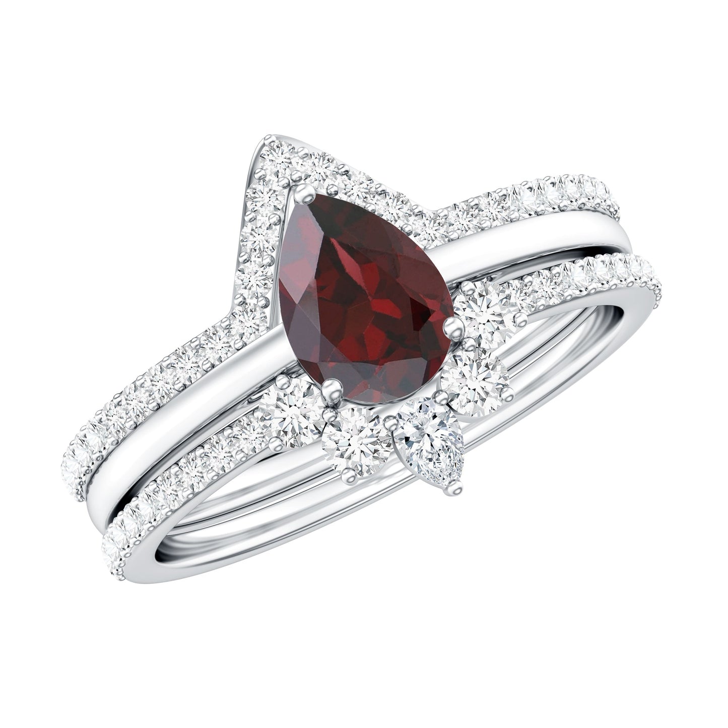 Natural 0.8 Carat Pear Shaped Garnet Diamond 3 Piece Bridal Ring Set