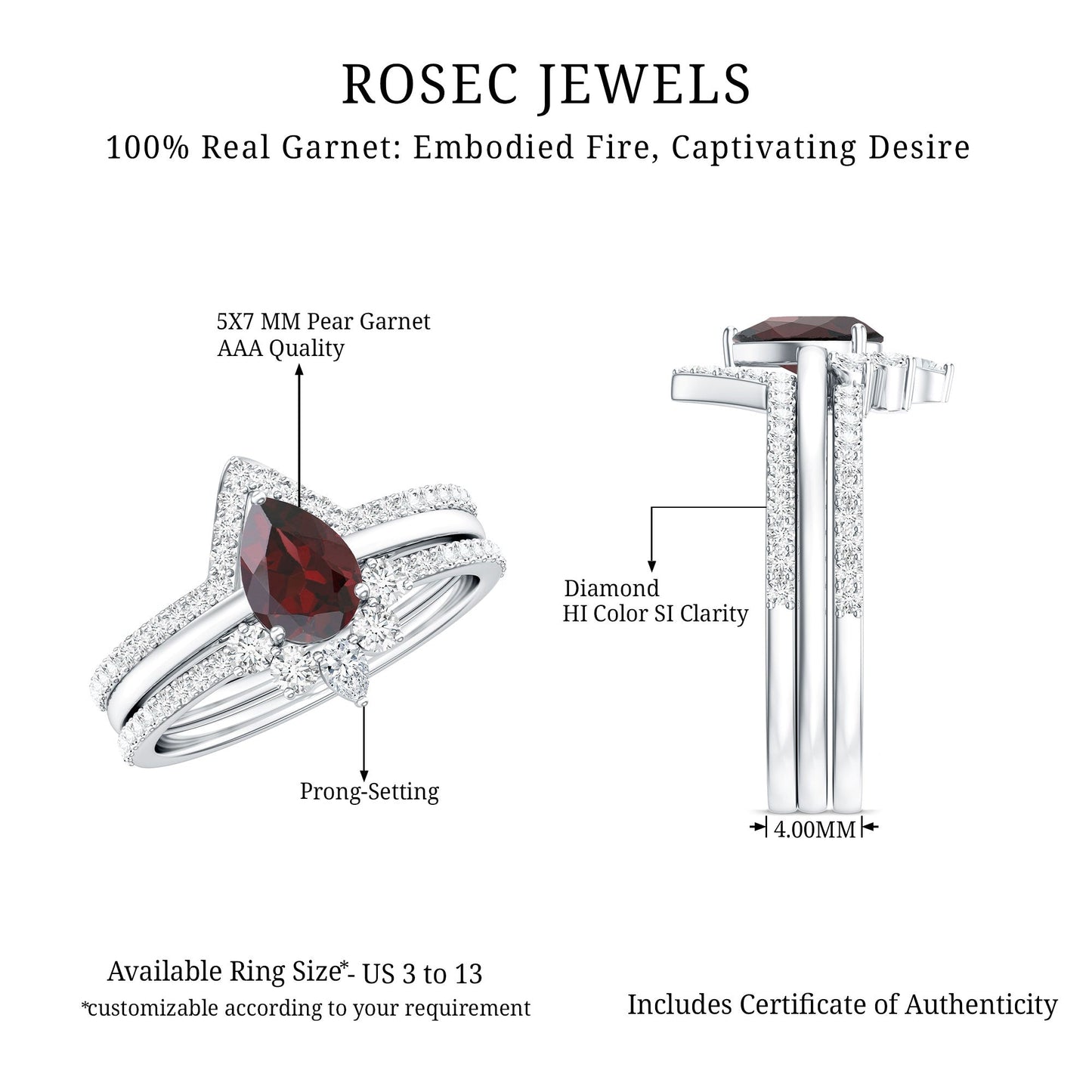 Natural 0.8 Carat Pear Shaped Garnet Diamond 3 Piece Bridal Ring Set