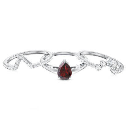 Natural 0.8 Carat Pear Shaped Garnet Diamond 3 Piece Bridal Ring Set