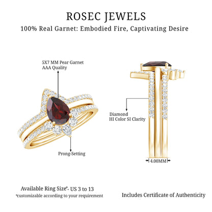 Natural 0.8 Carat Pear Shaped Garnet Diamond 3 Piece Bridal Ring Set