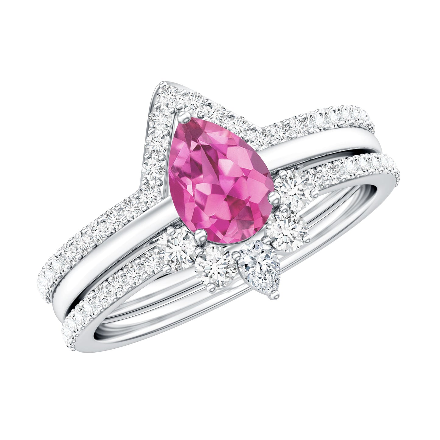Pear Cut Pink Tourmaline Trio Wedding Ring Set with Moissanite