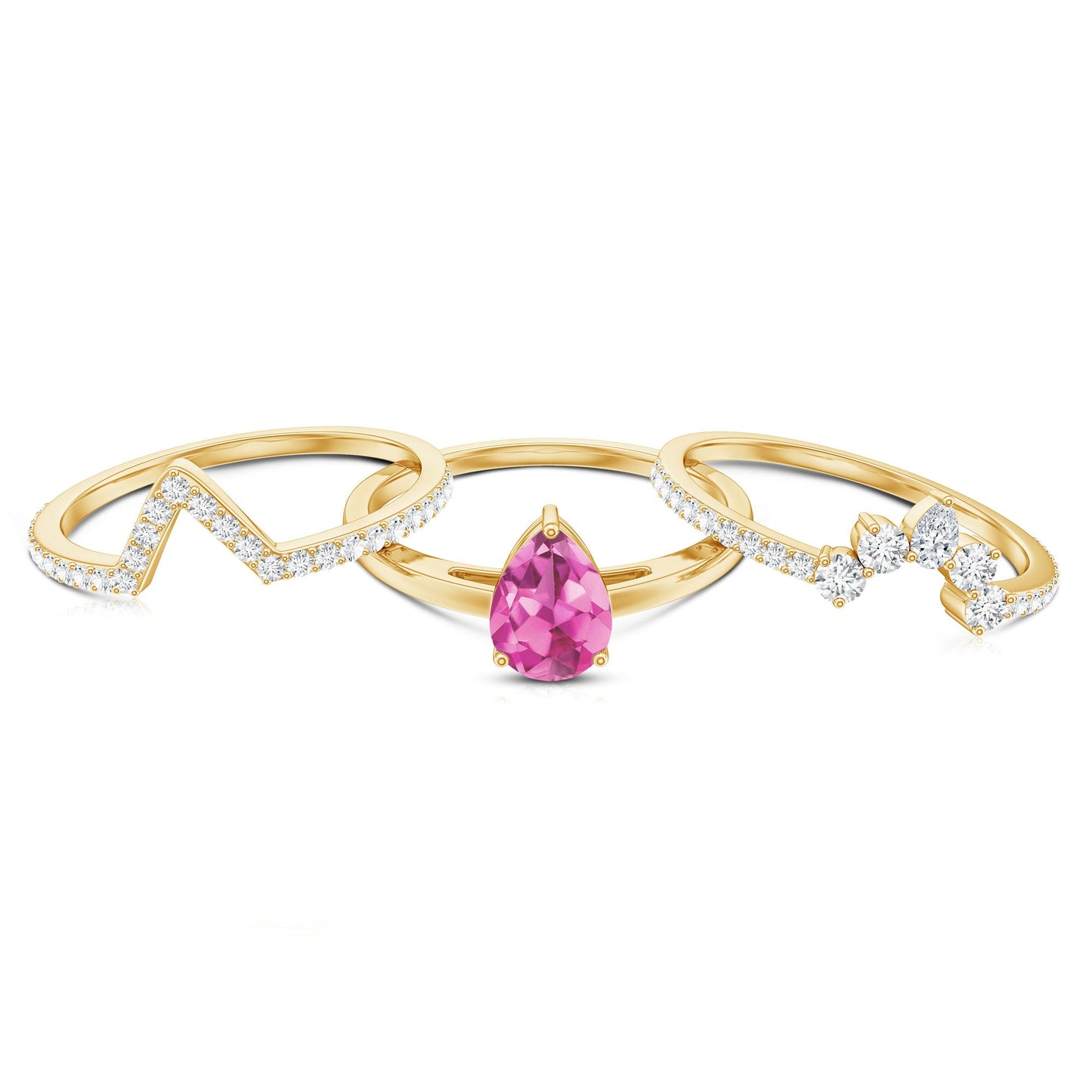 Pear Cut Pink Tourmaline Trio Wedding Ring Set with Moissanite