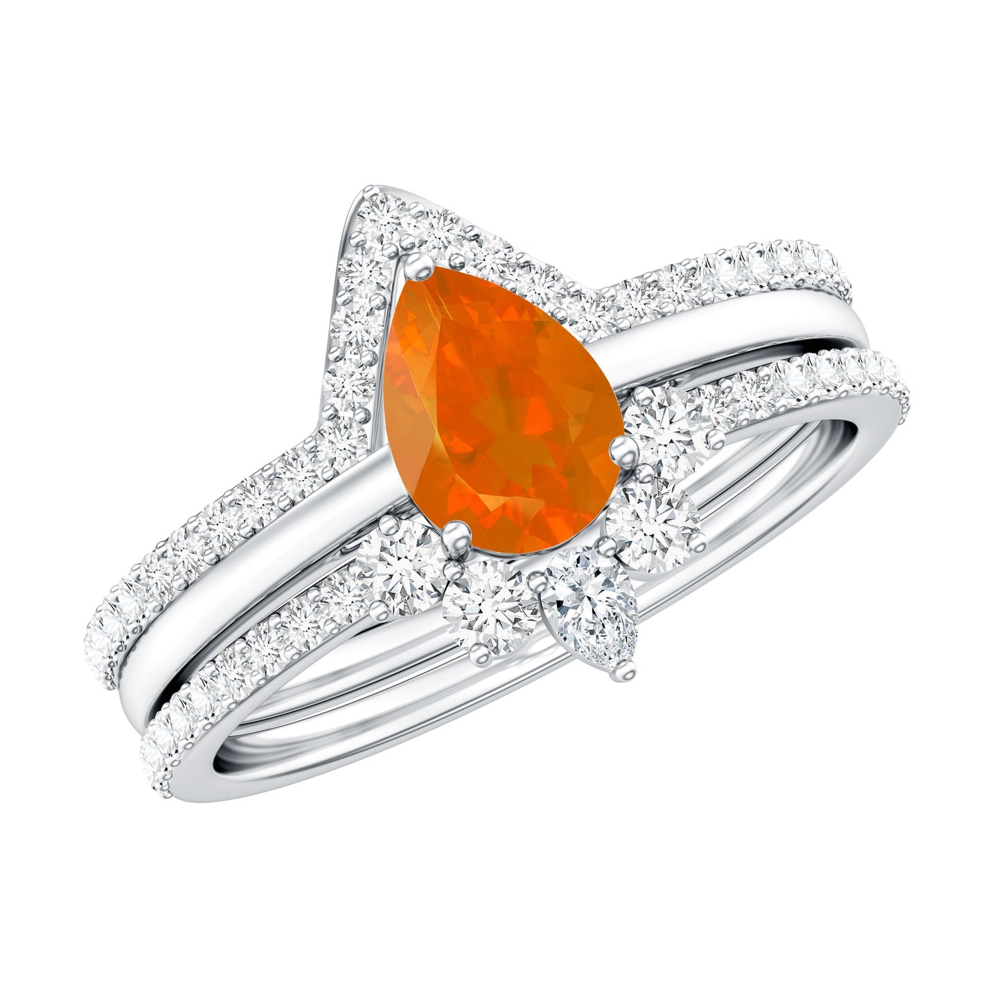 Pear Cut Fire Opal Trio Wedding Ring Set with Moissanite