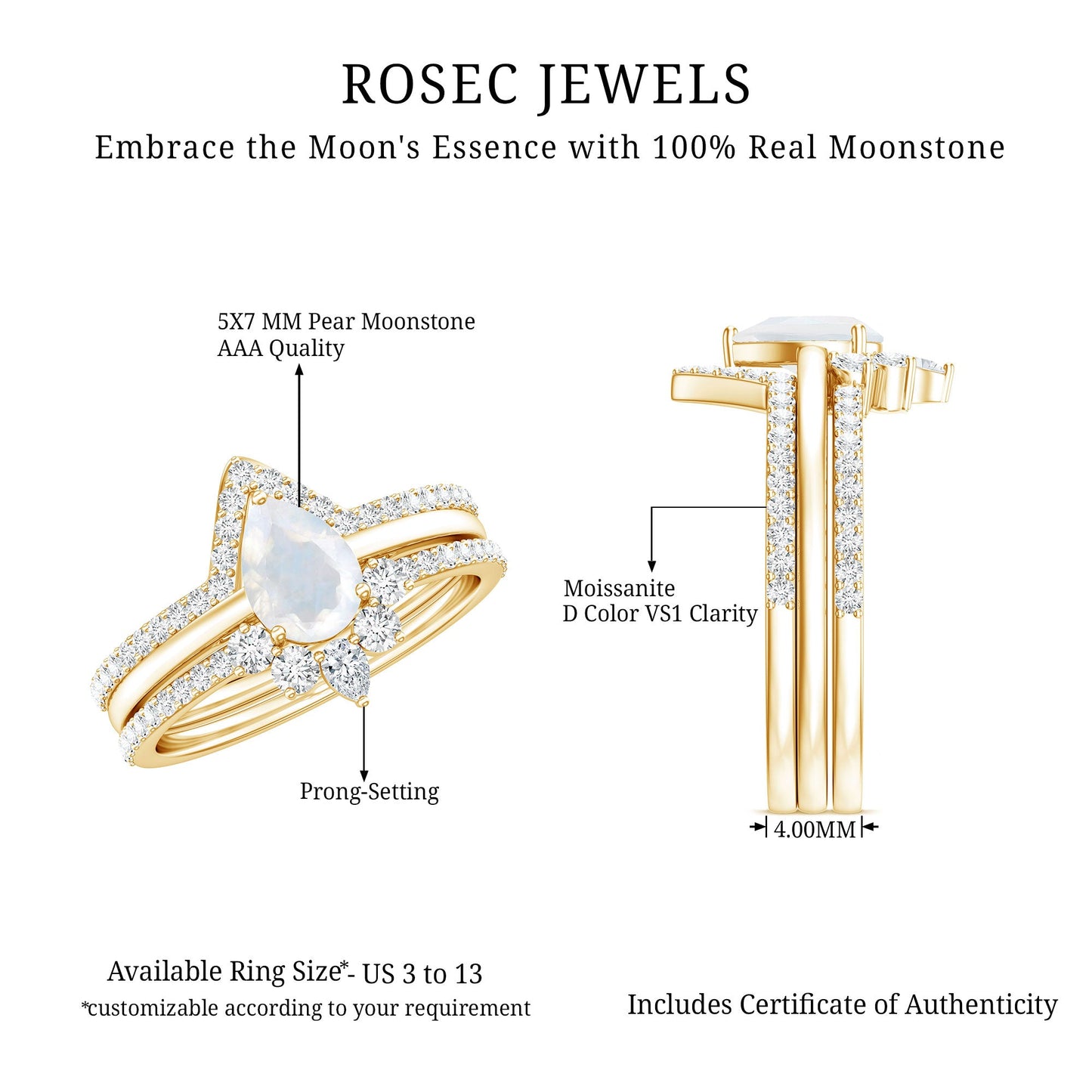 Pear Cut Moonstone Trio Wedding Ring Set with Moissanite