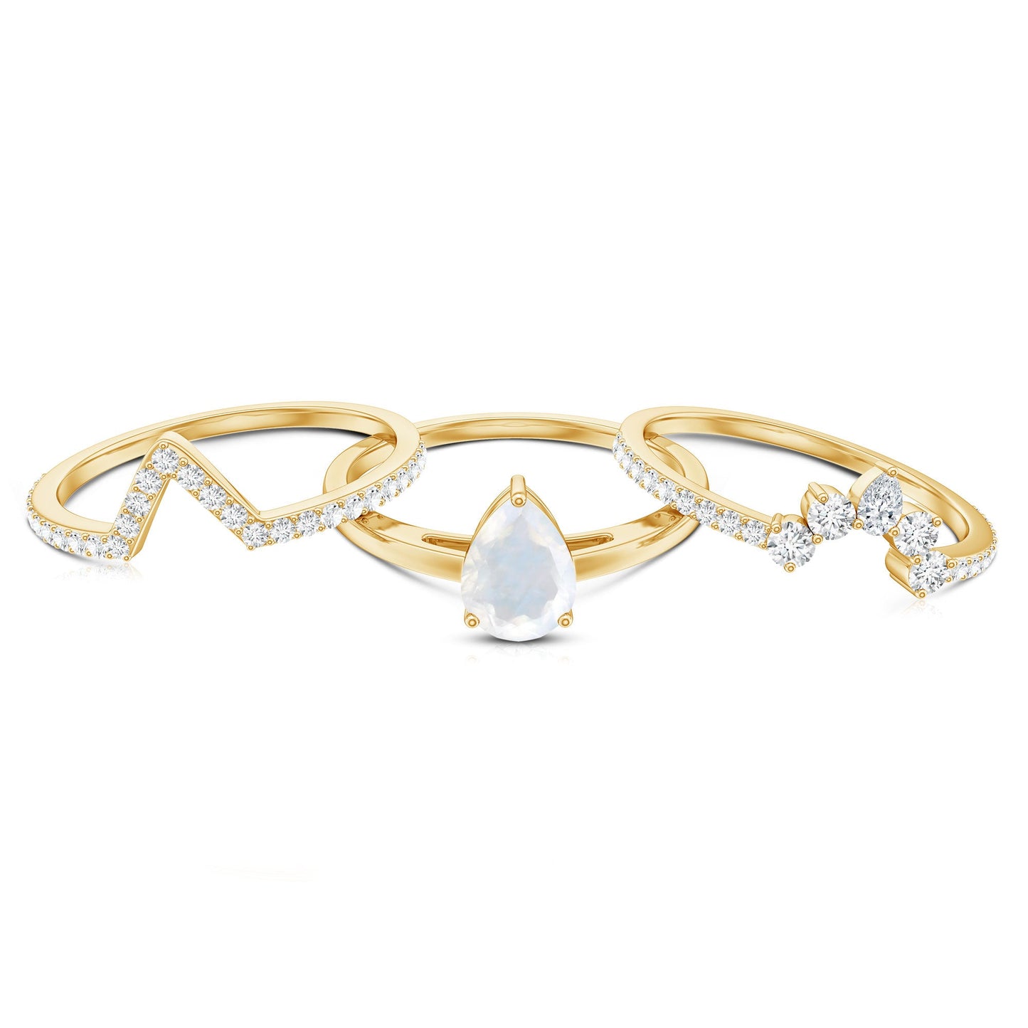 Pear Cut Moonstone Trio Wedding Ring Set with Moissanite