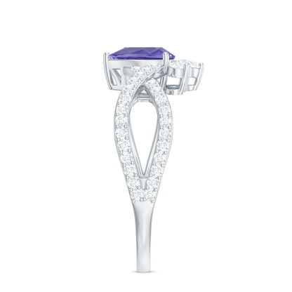 Certified Real Tanzanite Engagement Ring with Diamond Crossover Shank