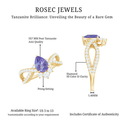 Certified Real Tanzanite Engagement Ring with Diamond Crossover Shank