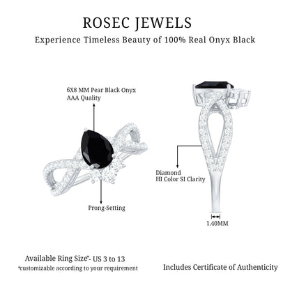 1 Carat Pear Shaped Black Onyx Designer Engagement Ring with Diamond