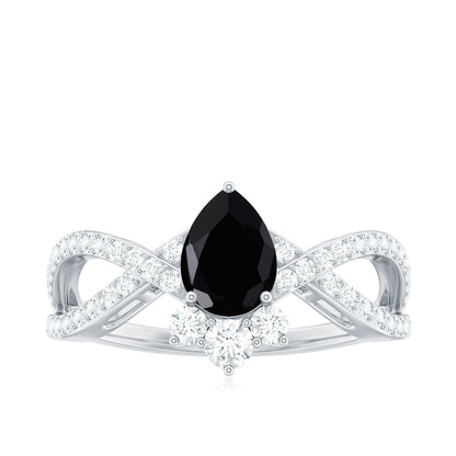 1 Carat Pear Shaped Black Onyx Designer Engagement Ring with Diamond
