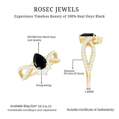 1 Carat Pear Shaped Black Onyx Designer Engagement Ring with Diamond