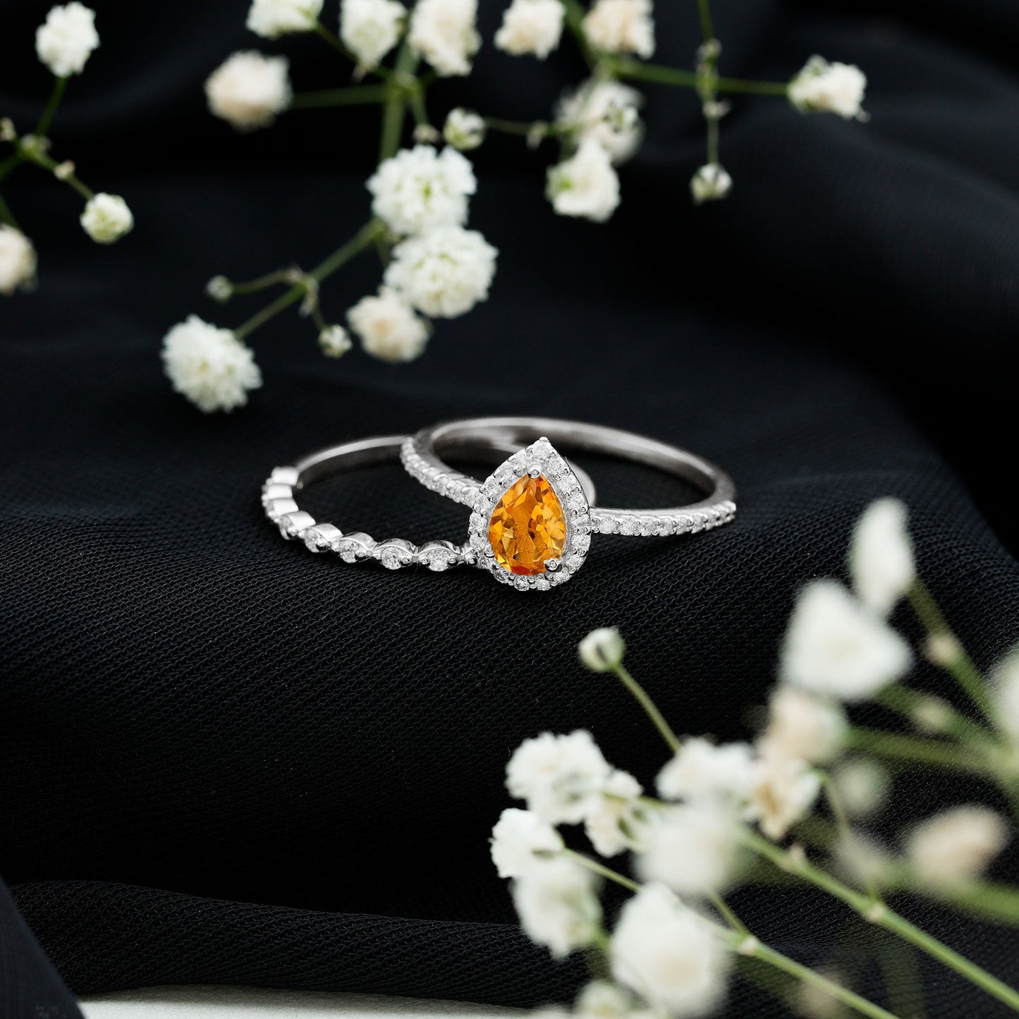 Real 0.6 Carat Citrine Teardrop Bridal Ring Set with Diamond