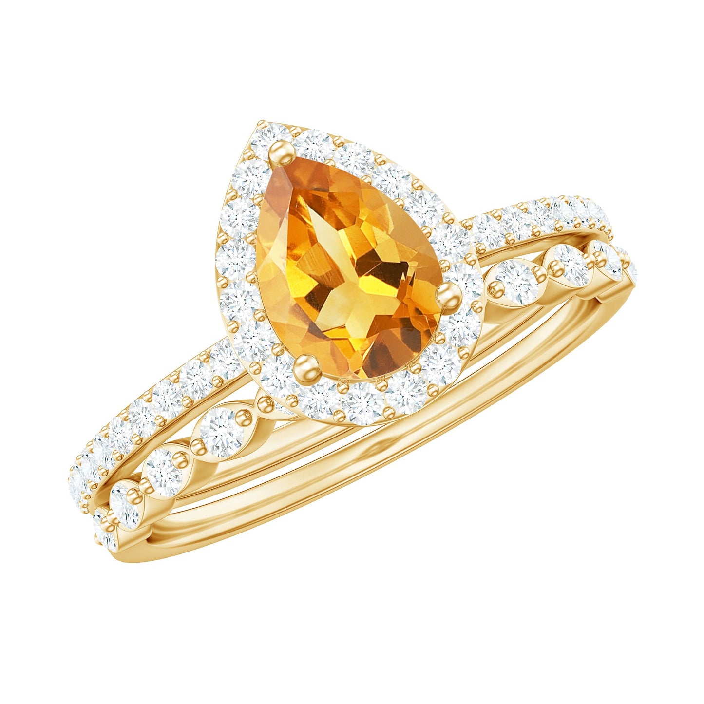 Real 0.6 Carat Citrine Teardrop Bridal Ring Set with Diamond
