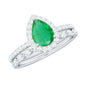 Natural Emerald Diamond Teardrop Engagement Ring and Wedding Band Set