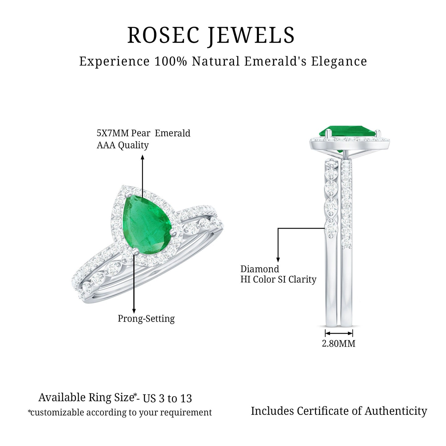 Natural Emerald Diamond Teardrop Engagement Ring and Wedding Band Set
