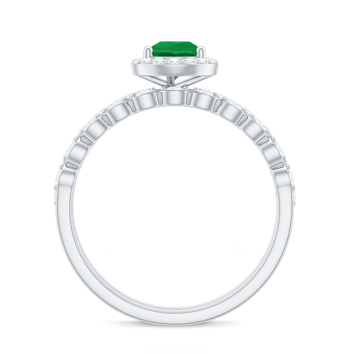 Natural Emerald Diamond Teardrop Engagement Ring and Wedding Band Set