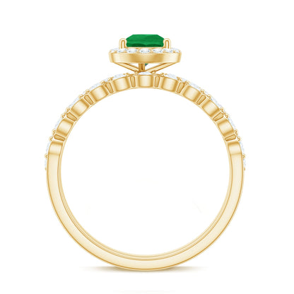 Natural Emerald Diamond Teardrop Engagement Ring and Wedding Band Set