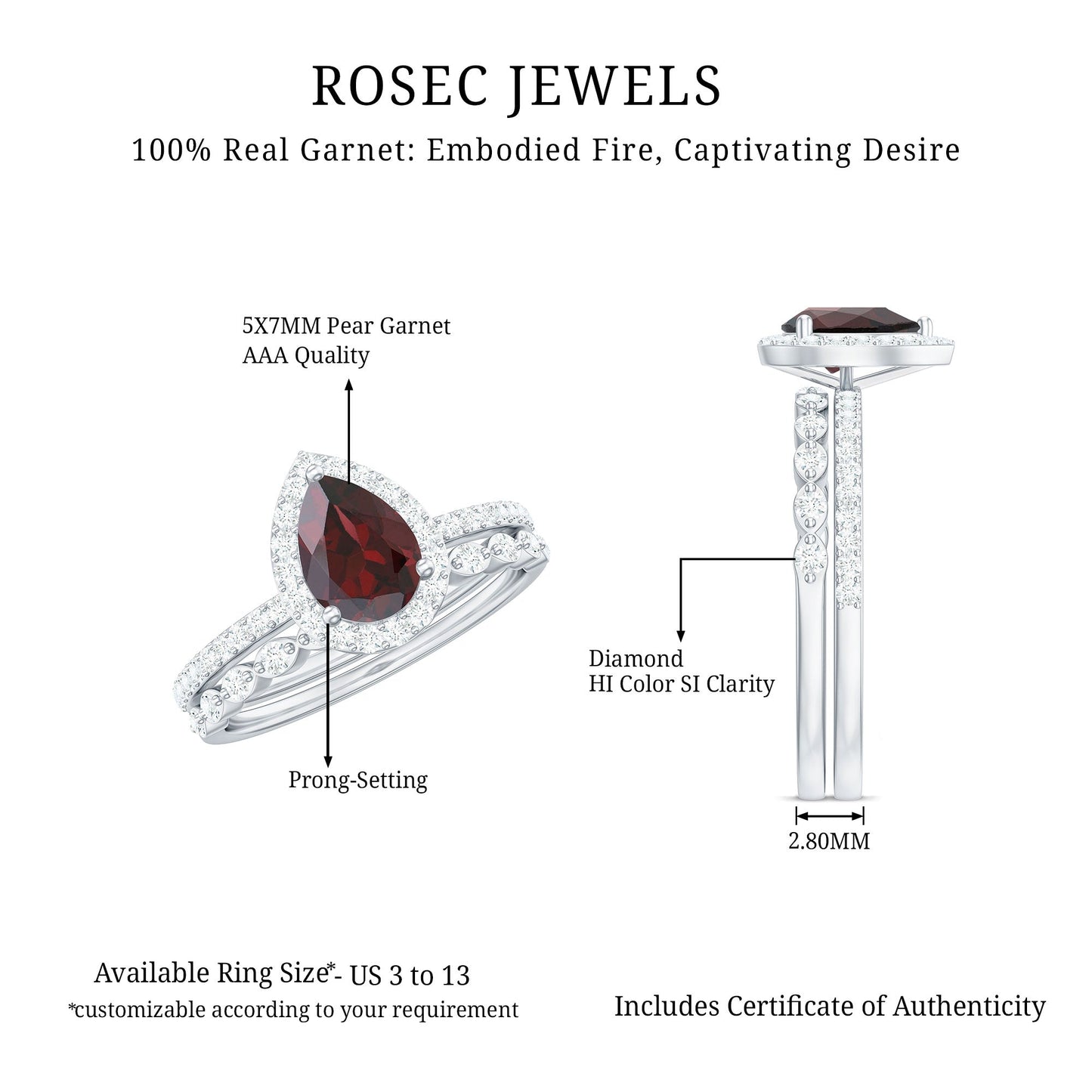 Natural 0.8 Carat Pear Shape Garnet Wedding Engagement Ring Set of 2