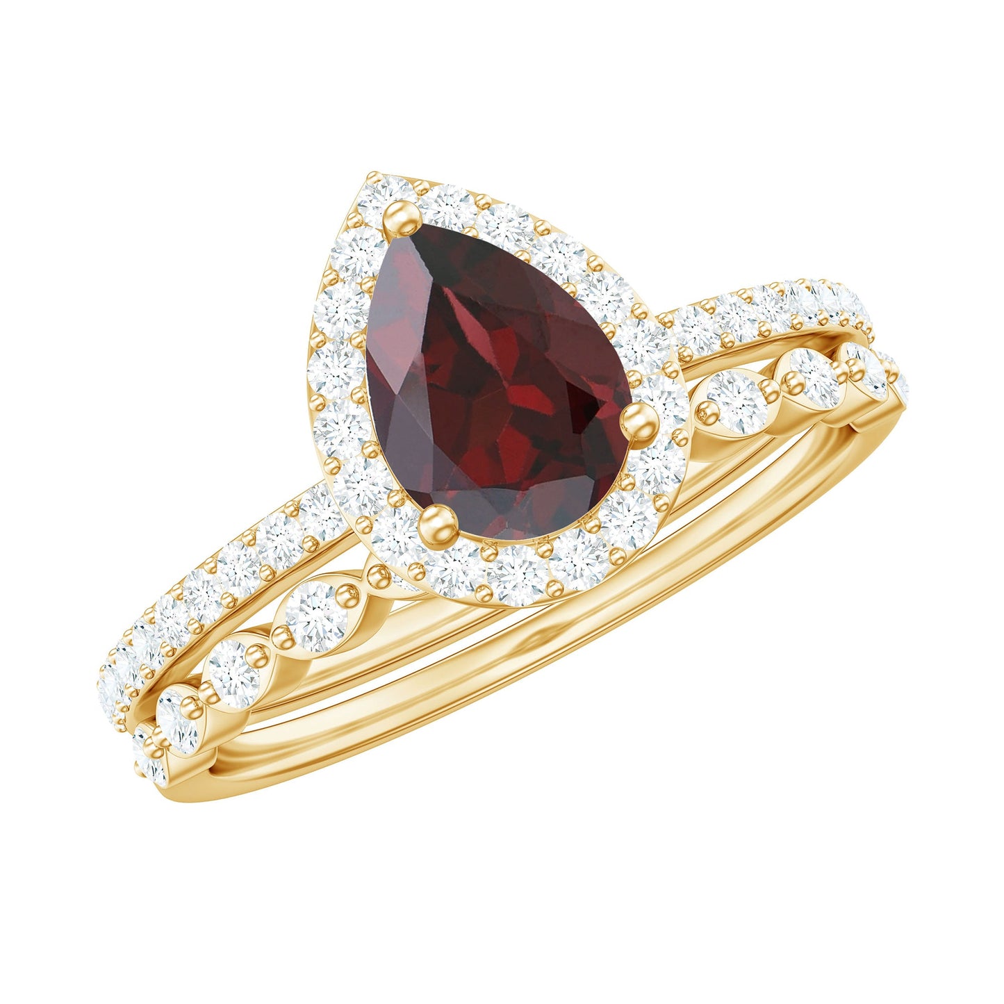 Natural 0.8 Carat Pear Shape Garnet Wedding Engagement Ring Set of 2