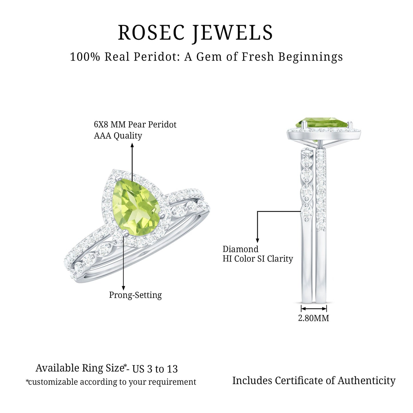 Natural 1 Carat Pear Shape Peridot Wedding Bridal Ring Set with Diamond