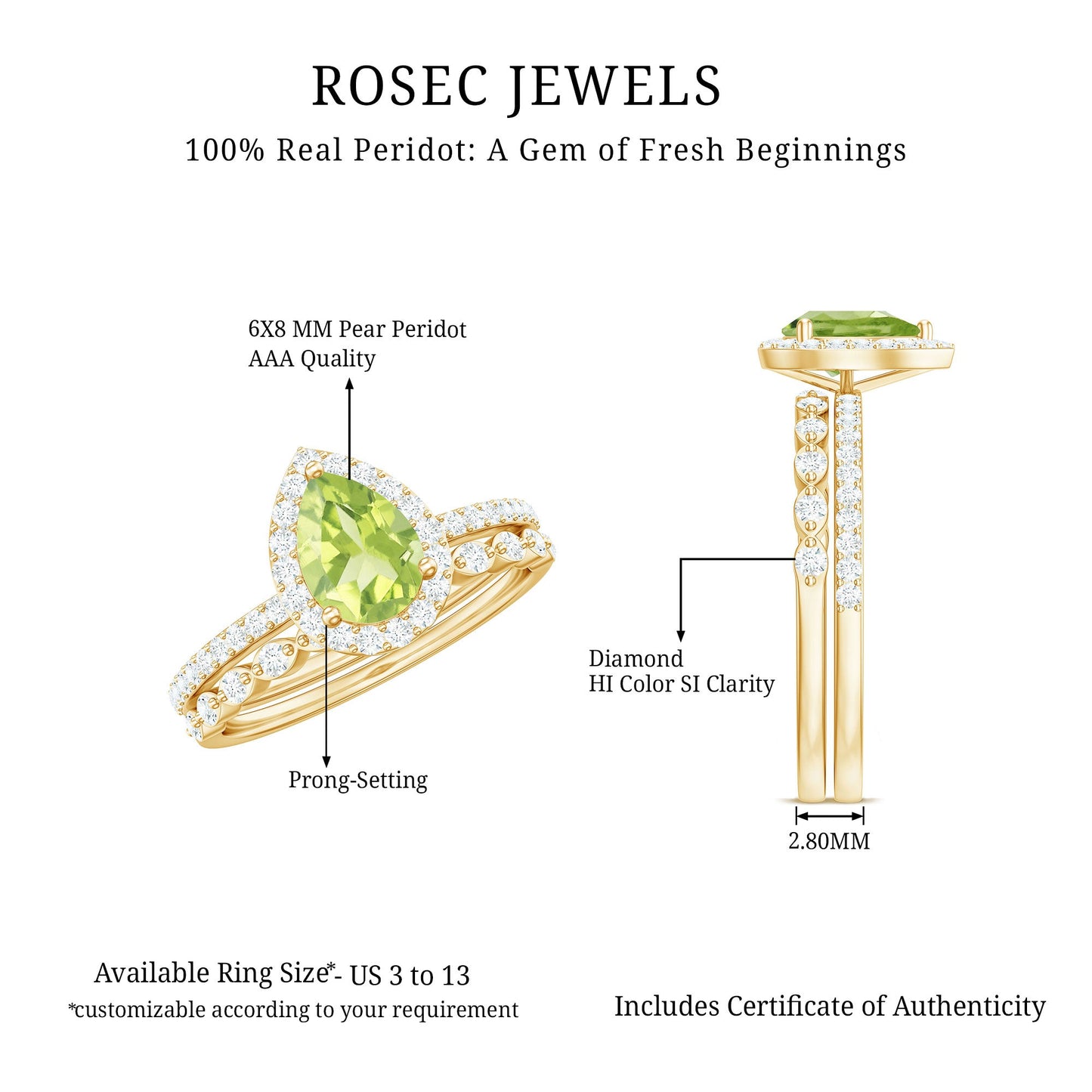 Natural 1 Carat Pear Shape Peridot Wedding Bridal Ring Set with Diamond