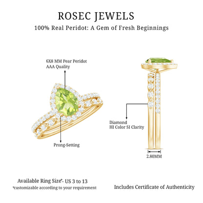 Natural 1 Carat Pear Shape Peridot Wedding Bridal Ring Set with Diamond
