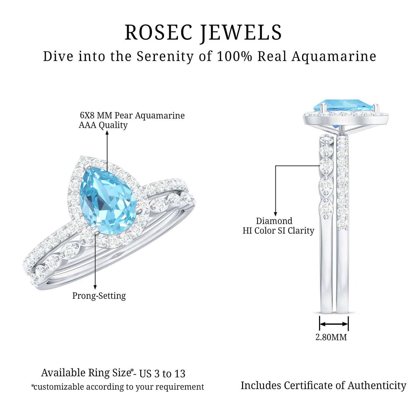 Genuine 1 Carat Aquamarine Bridal Ring Set with Diamond