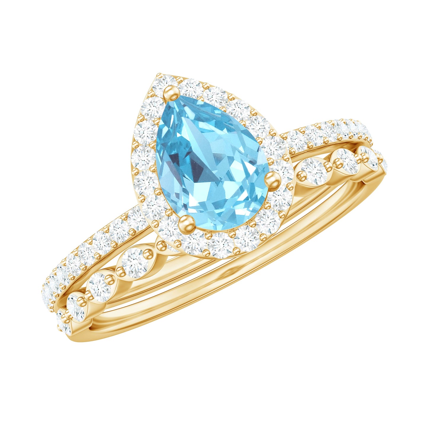 Genuine 1 Carat Aquamarine Bridal Ring Set with Diamond