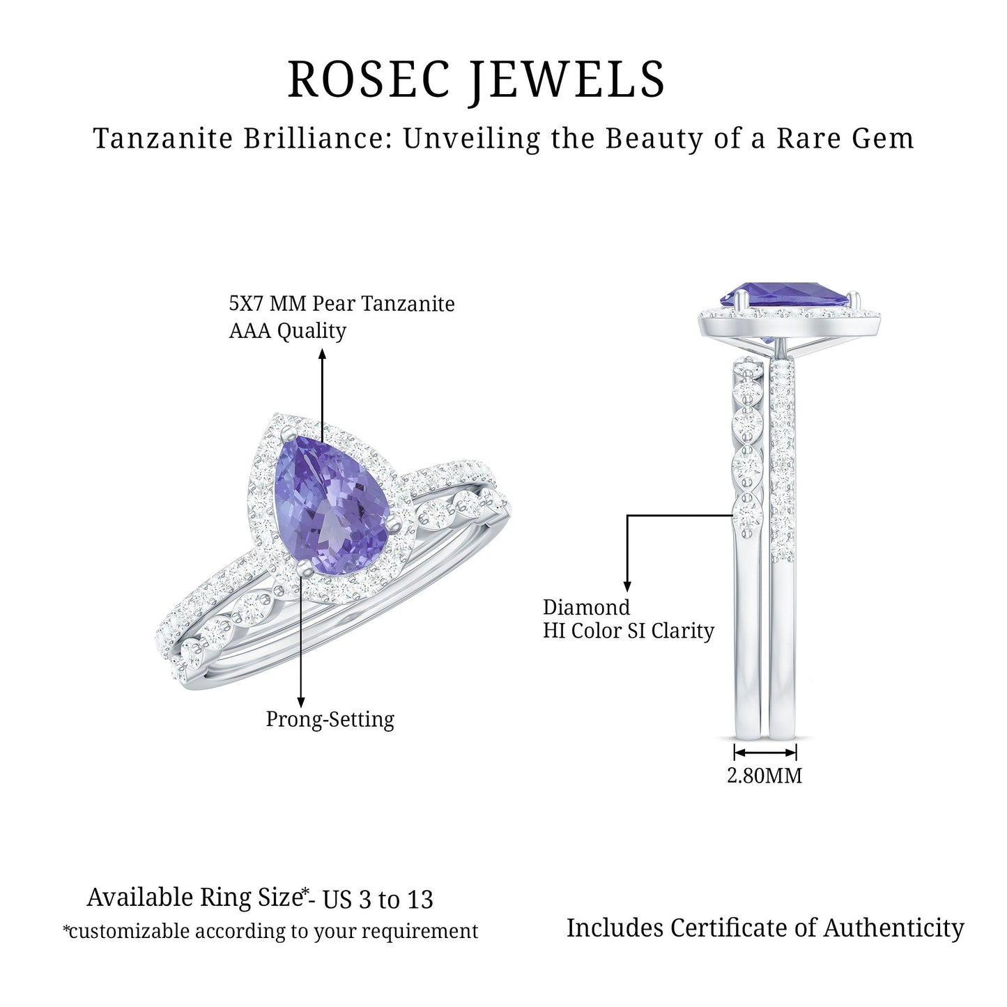 Natural 0.8 Carat Pear Shape Tanzanite Diamond Wedding Engagement Ring Set of 2