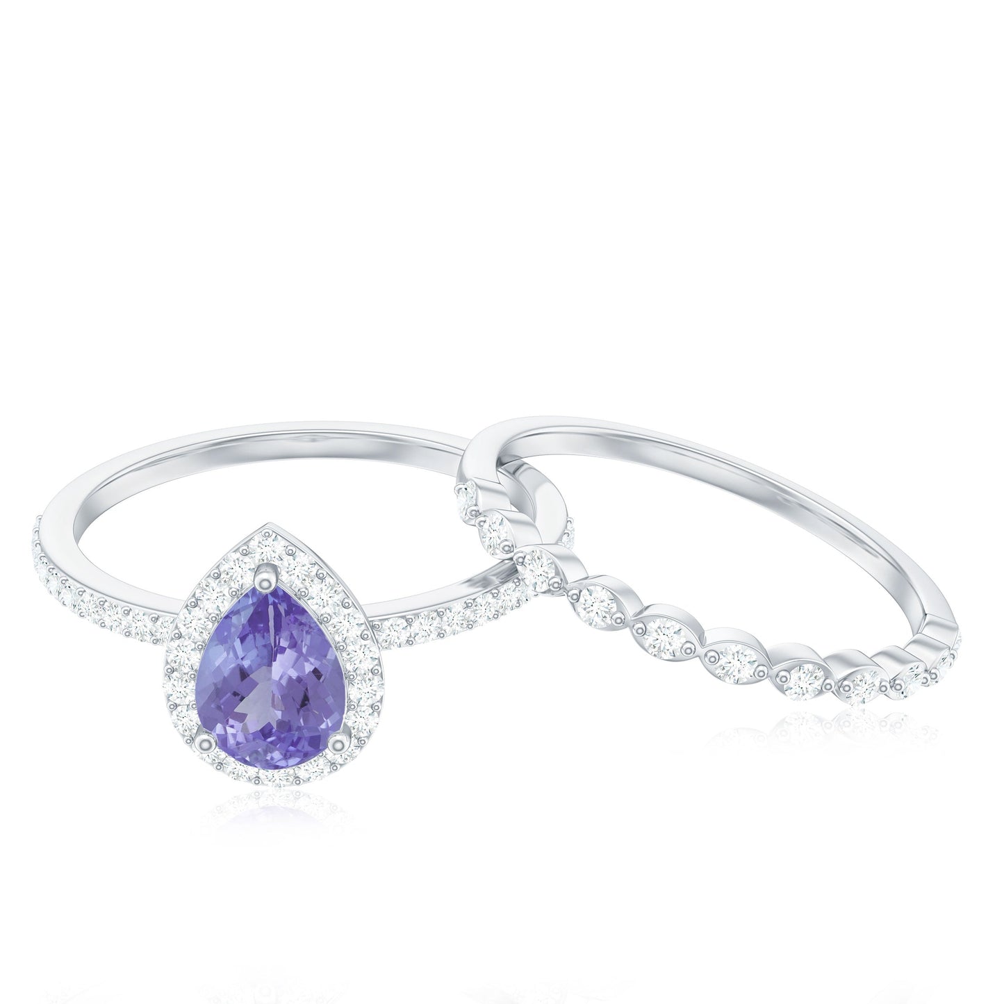 Natural 0.8 Carat Pear Shape Tanzanite Diamond Wedding Engagement Ring Set of 2