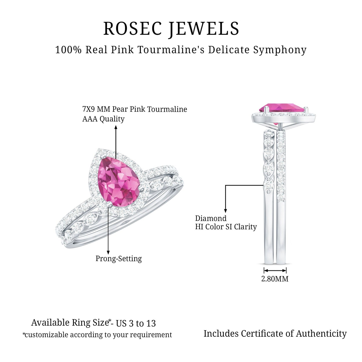 Teardrop Pink tourmaline Bridal Ring Set with Diamond