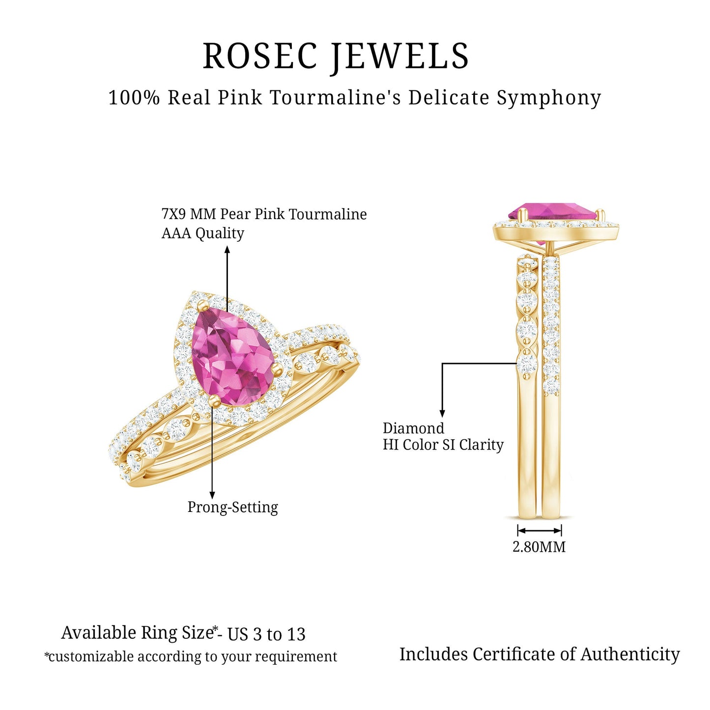 Teardrop Pink tourmaline Bridal Ring Set with Diamond