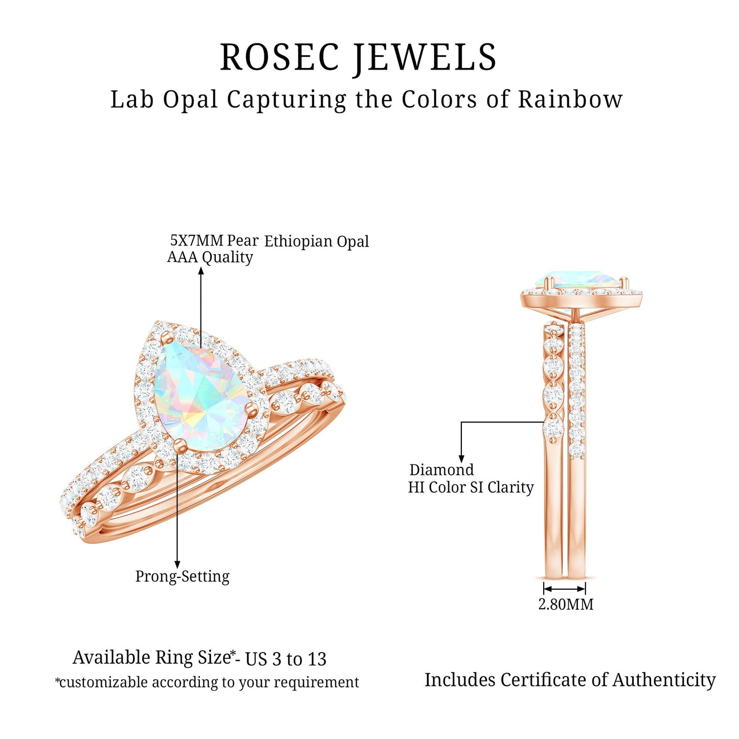 Natural Ethiopian Opal Diamond Pear Shaped Engagement Ring and Wedding Band Set
