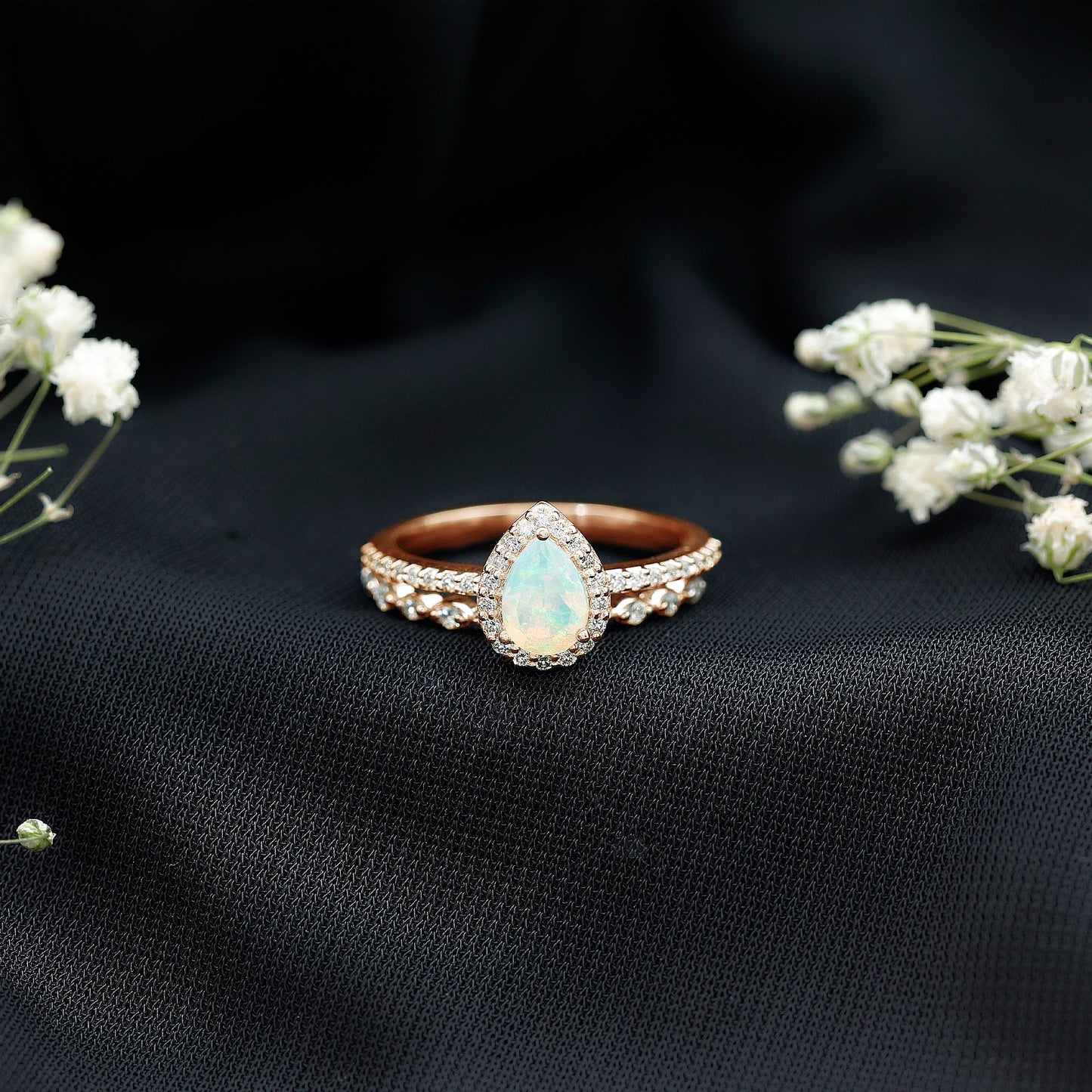 Natural Ethiopian Opal Diamond Pear Shaped Engagement Ring and Wedding Band Set