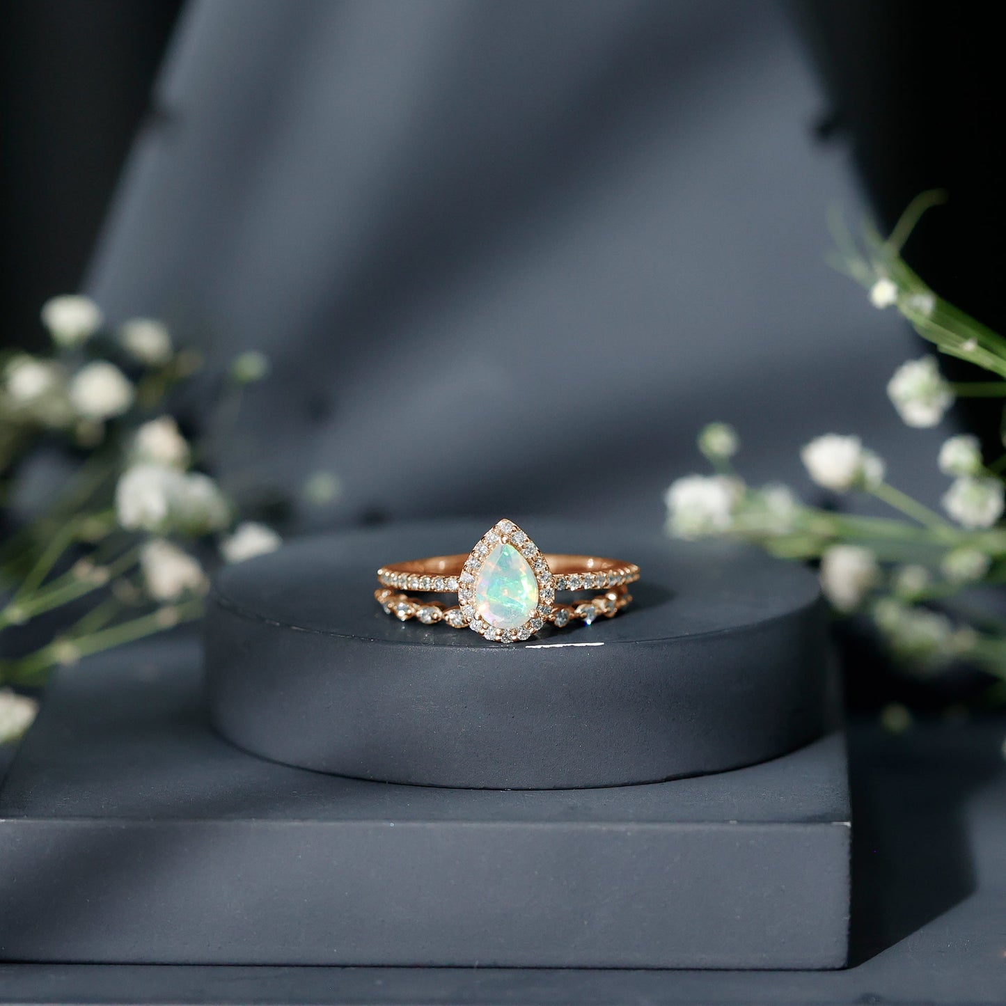 Natural Ethiopian Opal Diamond Pear Shaped Engagement Ring and Wedding Band Set