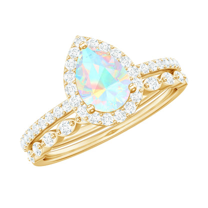 Natural Ethiopian Opal Diamond Pear Shaped Engagement Ring and Wedding Band Set