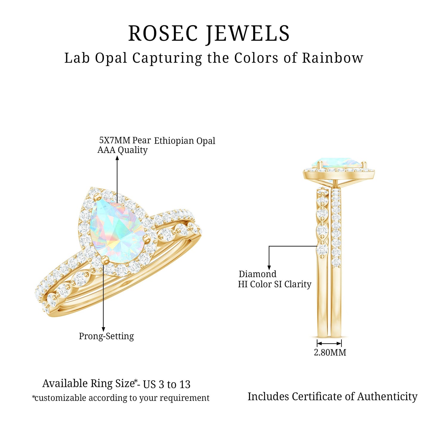 Natural Ethiopian Opal Diamond Pear Shaped Engagement Ring and Wedding Band Set