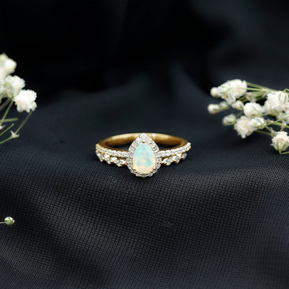 Natural Ethiopian Opal Diamond Pear Shaped Engagement Ring and Wedding Band Set