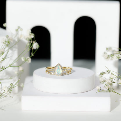 Natural Ethiopian Opal Diamond Pear Shaped Engagement Ring and Wedding Band Set