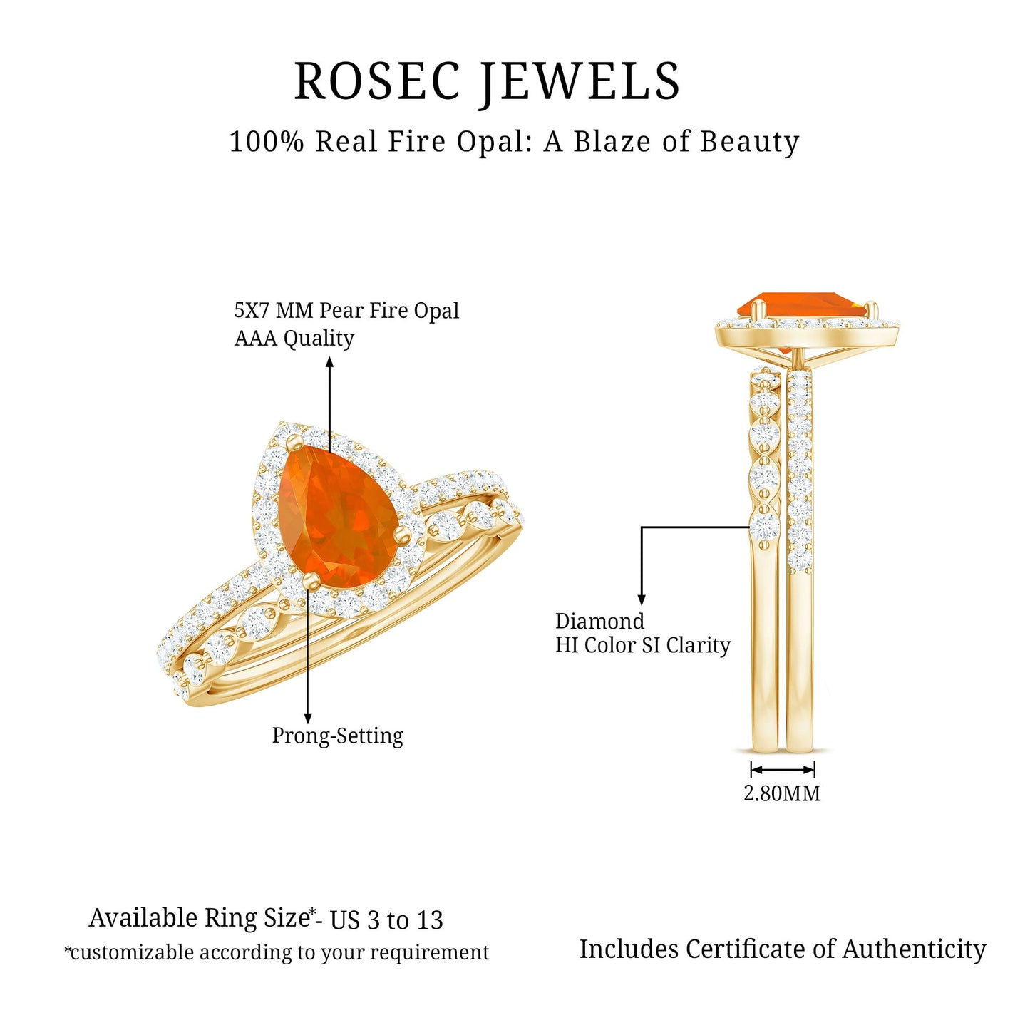 Teardrop Fire Opal Bridal Ring Set with Diamond