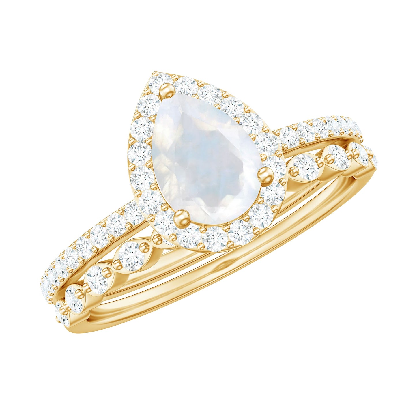 Teardrop Moonstone Bridal Ring Set with Diamond