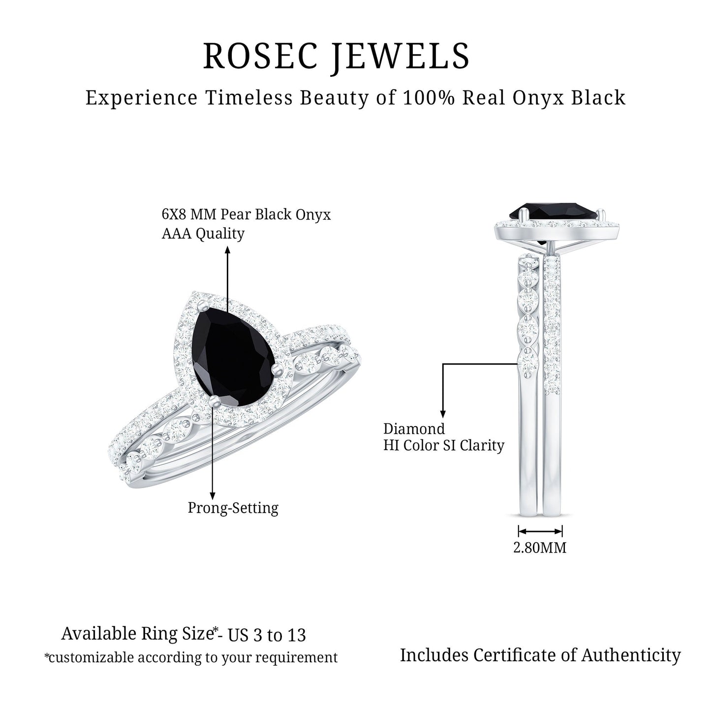 Pear Shaped Black Onyx and Diamond Halo Bridal Ring Set With Certificate