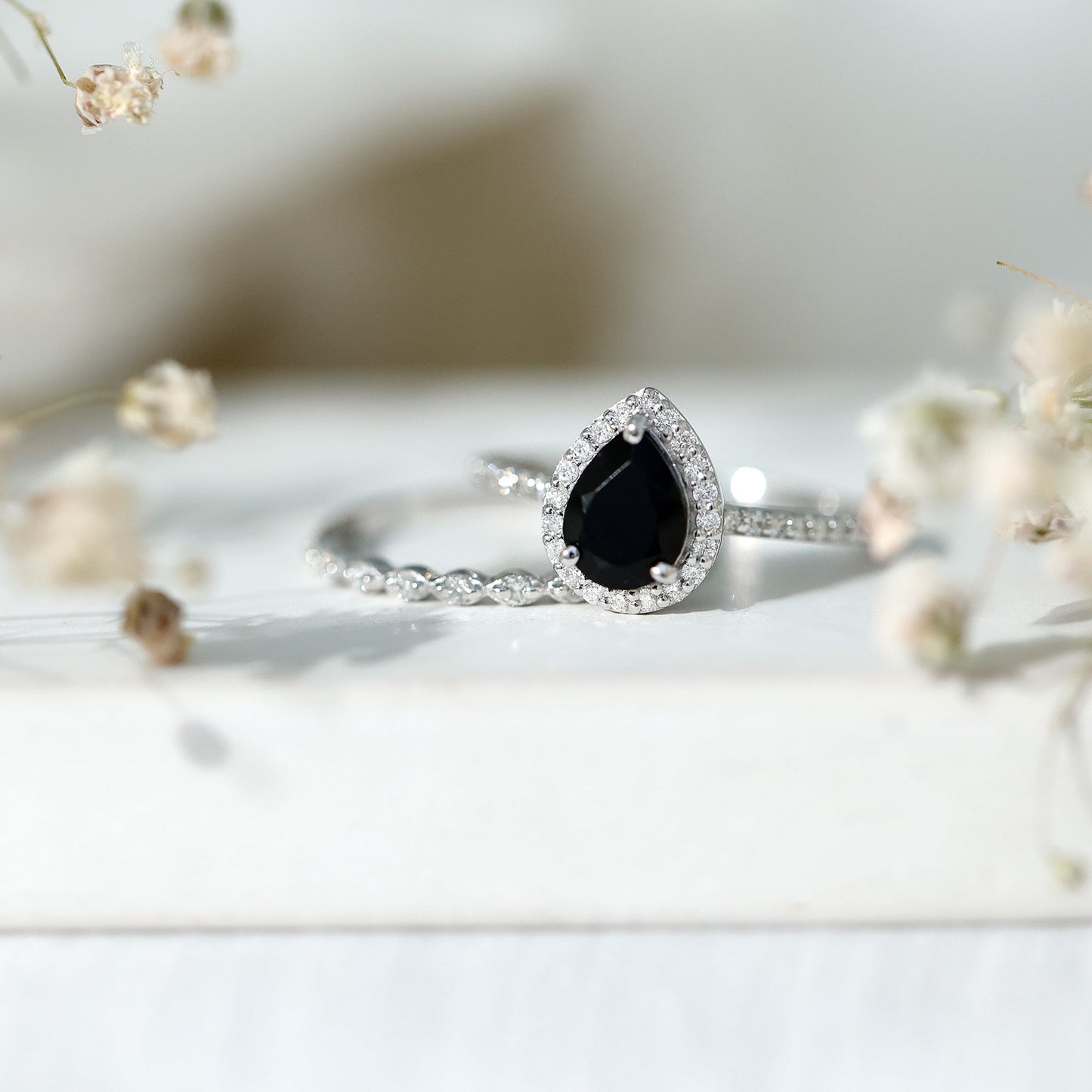 Pear Shaped Black Onyx and Diamond Halo Bridal Ring Set With Certificate