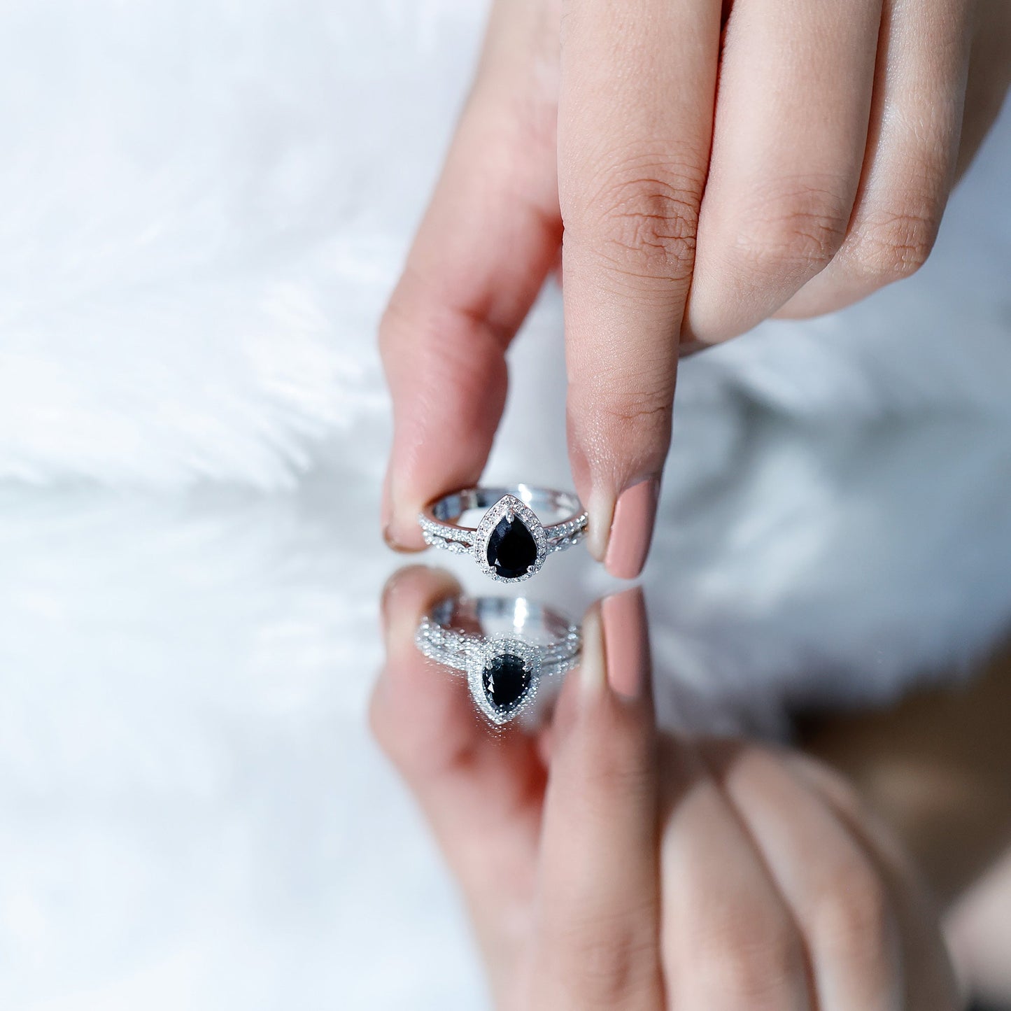 Pear Shaped Black Onyx and Diamond Halo Bridal Ring Set With Certificate