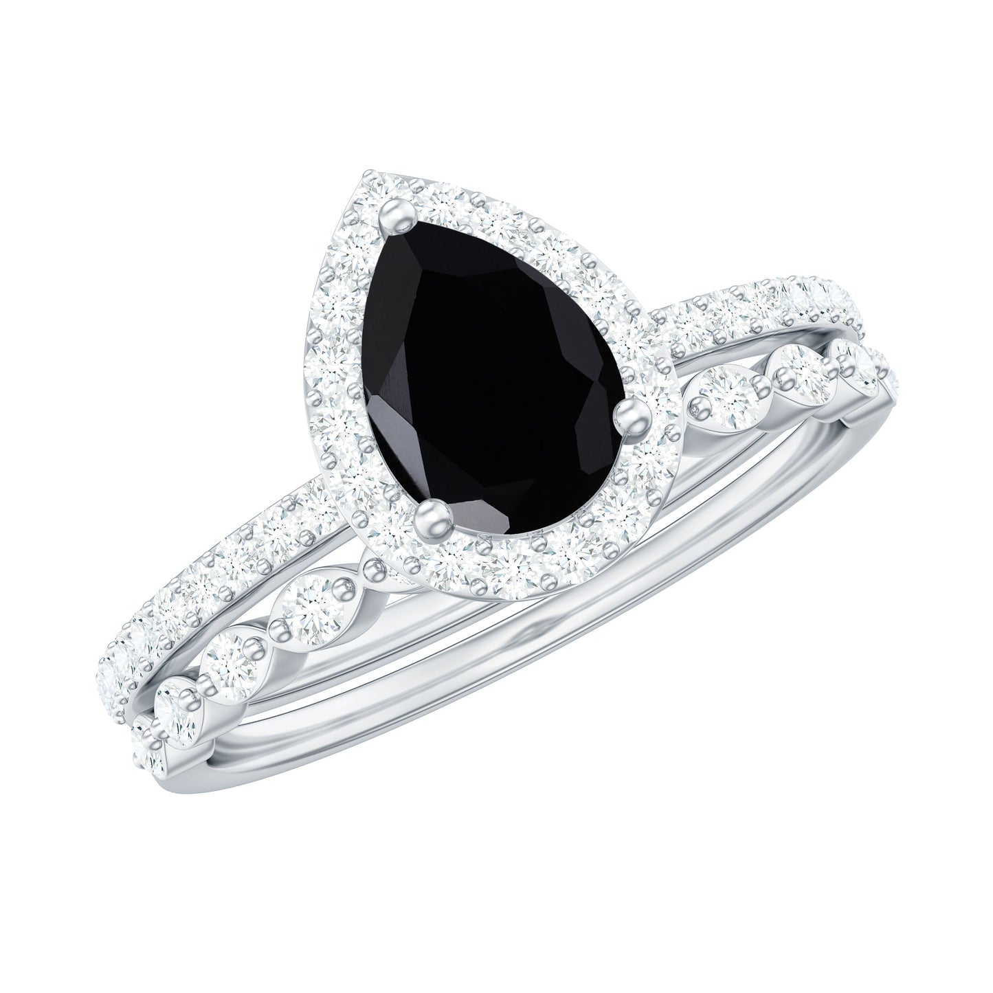 Natural 0.6 Carat Pear Shape Black Spinel Diamond Wedding Engagement Ring Set of 2