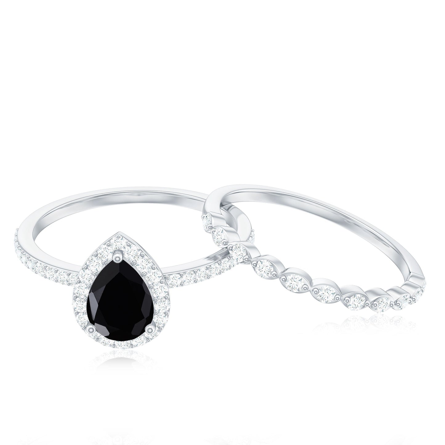Natural 0.6 Carat Pear Shape Black Spinel Diamond Wedding Engagement Ring Set of 2
